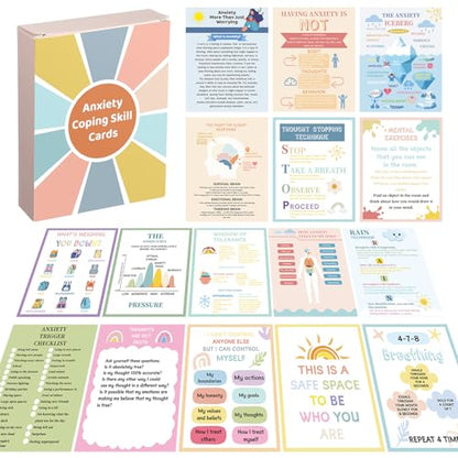 Affrolling 72 Pcs Anxiety Coping Skill Cards 4.7 x 3.7 Inches Social Anxiety Relief & Self Care Flashcard with Color Packaging Box Coping Strategy Therapy Cards for Family University and Office