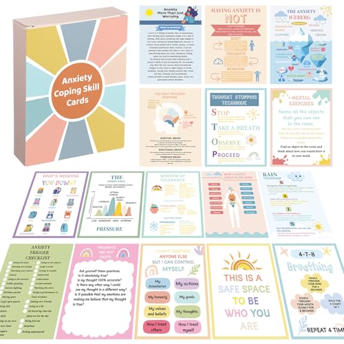 Affrolling 72 Pcs Anxiety Coping Skill Cards 4.7 x 3.7 Inches Social Anxiety Relief & Self Care Flashcard with Color Packaging Box Coping Strategy Therapy Cards for Family University and Office