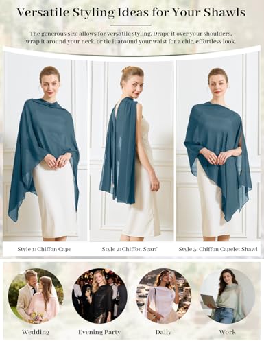 Chiffon Cape Shawl Wrap Scarf 3 Ways to Wear Elegant Sheer Capelet for Evening Dresses Weddings Parties - color: Ink Blue