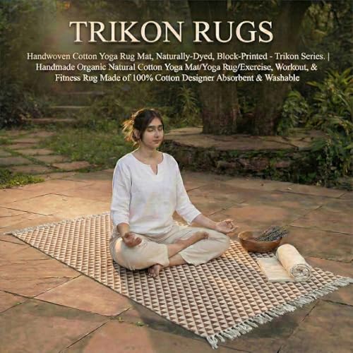 VINYASA Handwoven Cotton Yoga Rug Mat – Naturally Dyed | Absorbent, Washable Yoga Mat/Fitness Rug, Hatha, Pilates & Meditation - Non-Slip Grip | Extra Long & Wide | Trikon Series - color: Cutch