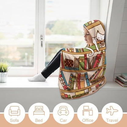 Sleeping Cat Library Bookshelf Large Size Comfortable Hooded Blanket, Warm Blanket 40"x50" - color: Sleeping Cat Library Bookshelf, size: 40"x50"