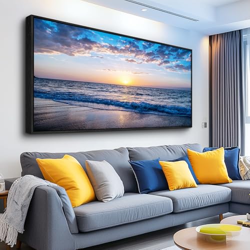 Sea Beach Framed Canvas Wall Art For Living Room Large Size Wall Decor For Bedroom Home Decor Blue Ocean Canvas Pictures Artwork Sunny Sea View Painting Office Wall Decorations Black Framed 20" X 40" - color: Blue（Black Framed）, size: 40"L x 20"W