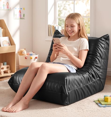 Hobestluk Small Bean Bag Chair Lazy Floor Sofa, Memory Foam Fireside Sofa Beanbag Faux Leather Armless Chair for Living Room Bedroom Dorm Reading Playing (Black, Medium) - color: Black, size: Medium