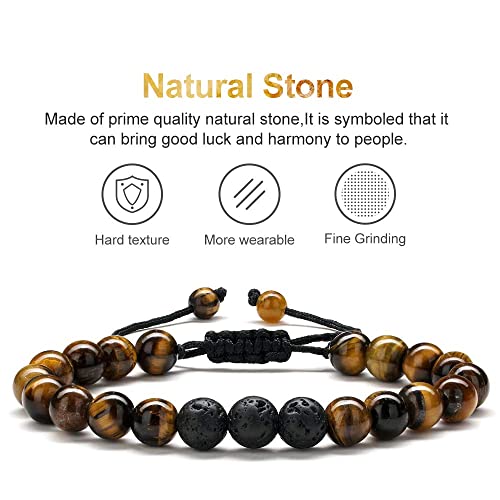 M MOOHAM Fathers Day Gift Mens Bracelet - Beaded Natural Stone 8mm Tiger Eye Matte Agate Lava Rock Bracelets for Men Teen Boys Grandpa Dad Birthday Gifts Jewelry - style: " Tiger eye&Lava Rock Bracelets