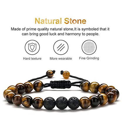 M MOOHAM Fathers Day Gift Mens Bracelet - Beaded Natural Stone 8mm Tiger Eye Matte Agate Lava Rock Bracelets for Men Teen Boys Grandpa Dad Birthday Gifts Jewelry - style: " Tiger eye&Lava Rock Bracelets