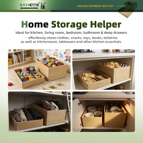 2-Piece Large Bamboo Storage Box Set - 7.1in High Stackable Deep-Drawer Organizer, Lidless Bin for Kitchen Cutlery Utensils, Home & Office (14.6"x10.2"x7.1"+14.6"x10.2"x3.1")