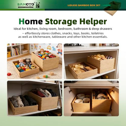 2-Piece Large Bamboo Storage Box Set - 7.1in High Stackable Deep-Drawer Organizer, Lidless Bin for Kitchen Cutlery Utensils, Home & Office (14.6"x10.2"x7.1"+14.6"x10.2"x3.1")