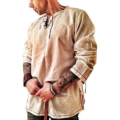Men's Fashion Cotton Linen Shirt Long Sleeve Solid Color Ethnic Beach Yoga Top - color: Solid Khaki, size: 4X-Large