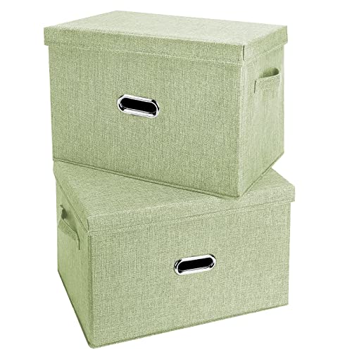 Large Linen Fabric Foldable Storage Bins with Removable Lid and Handles, Washable Storage Box Organizer Containers Baskets Cube with Cover for Bedroom,Office (Green, Small(2-Pack)) - color: Green, size: Small(2-Pack)