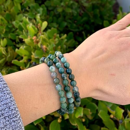 Adabele 1pc Natural Stretch Gemstone Bracelet 6mm (0.24 Inch) Bead 7" 7.5" 8 inch Healing Crystal Quartz Energy Chakra Jewelry Women Birthday Gift - color: Moss agate, size: 7 inch