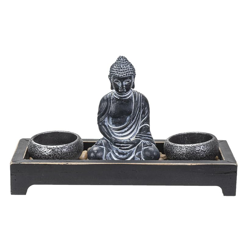 Pacific Giftware Meditation Zen Garden Set with Black Buddha Figurine Two Tea Light Holders Rock Decorative Wood Display Tray Perfect for Table Decor Meditation Yoga 8" x 6"