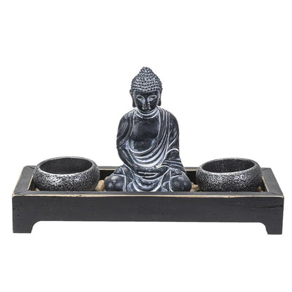 Pacific Giftware Meditation Zen Garden Set with Black Buddha Figurine Two Tea Light Holders Rock Decorative Wood Display Tray Perfect for Table Decor Meditation Yoga 8" x 6"