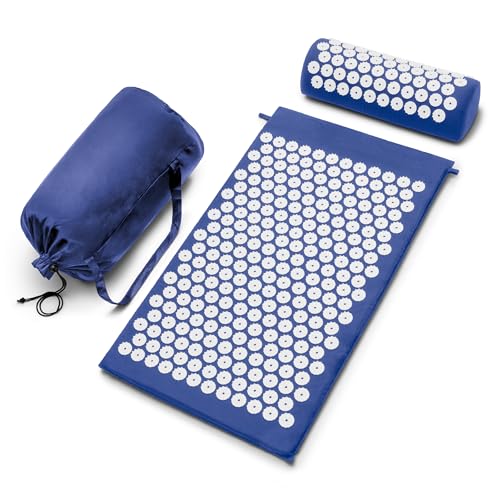Sivan Health and Fitness Acupressure Mat and Pillow Set - Grounding Mat for Stress, Back & Neck Pain - Acupuncture Point Massage Mat for Muscle Relaxation, Sciatica, & Meditation - Includes Carry Bag - color: Blue/White, size: Large