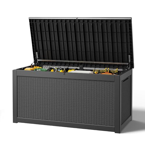 Outdoor Storage Box, Resin Deck Boxes Indoor and outdoor, Waterproof Storage Box Lockable Lid (Black,320 Gallon) - color: Rattan Black, style: 320 Gallon