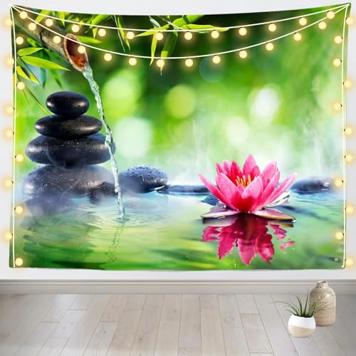 Loccor Zen Garden Tapestry 60''x40'' Green Bamboo Zen Stones Spa Water Lotus Flower Wall Hanging Tapestry Relaxation Bamboos Candles for Home Bedroom Living Room Dorm Decor