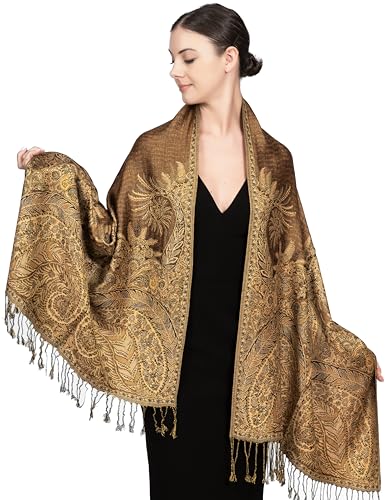 Achillea Reversible Paisley Pashmina Rave Scarf – Exotic Indian Shawls and Wraps for Evening Dresses, Festivals, All Seasons - color: Big Paisley Golden Brown