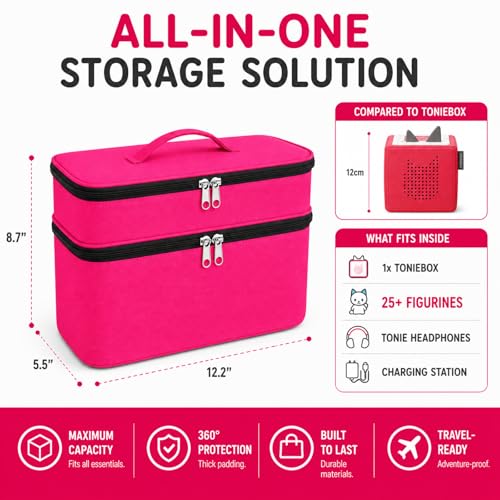 Bevegekos Carrying Storage Travel Bag for Toniebox 2 Starter Set, for 25+ Tonie Figures, Charging Station & Headphone, Case Only (Large, Rosy Red) - color: Rosy Red