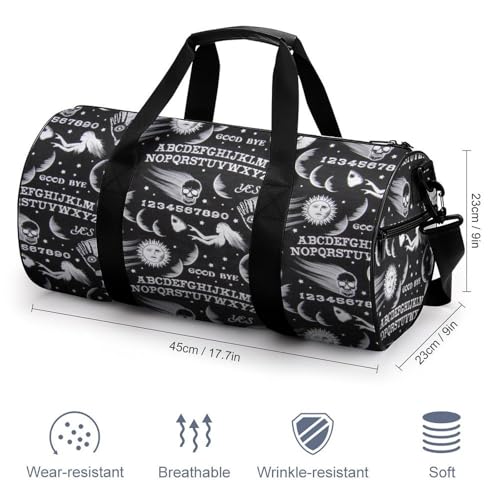 Skull Moon Sun Gothic Witch Board Seamless Black Cylindrical Portable Fitness Bag, Large Capacity Handbag - color: skull moon sun Gothic Witch Board Seamless bl