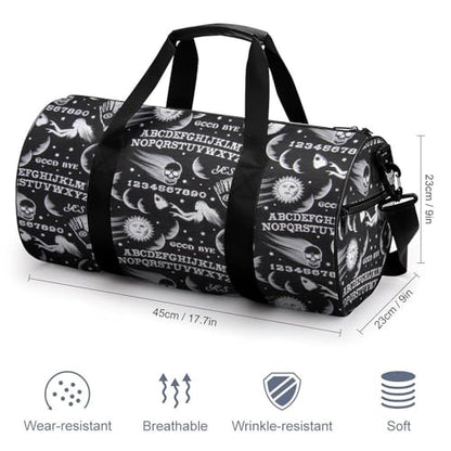 Skull Moon Sun Gothic Witch Board Seamless Black Cylindrical Portable Fitness Bag, Large Capacity Handbag - color: skull moon sun Gothic Witch Board Seamless bl