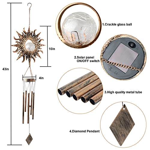Sun Wind Chimes Solar Retro Windchimes Sympathy Gift, Gentle Chimes, Waterproof Wind-Chimes Outdoor, Outdoor Hanging Decor with Soft Sun Glow, Gifts for Grandma, Mom-Gifts, Memorial WindChimes.