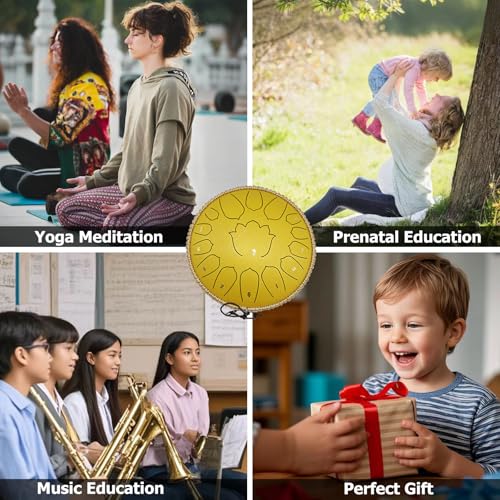 BETESINE 13-Inch 15-Note Steel Tongue Drum in C Major, Beginner-Friendly Meditation Drum with Mallets, Music Book, Finger Picks, Carry Bag & Note Stickers, Rock Gold - color: Rock Gold