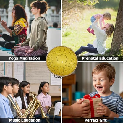 BETESINE 13-Inch 15-Note Steel Tongue Drum in C Major, Beginner-Friendly Meditation Drum with Mallets, Music Book, Finger Picks, Carry Bag & Note Stickers, Rock Gold - color: Rock Gold