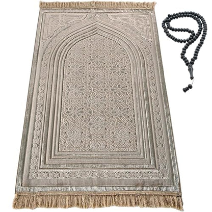 Modefa Luxury Velvet Prayer Rug with Prayer Beads | Soft Elegant Muslim Turkish Janamaz Sajada Carpet for Men and Women | Plain Solid Prayer Mat Ramadan Eid Gift - Najma (Mink) - color: Najma Mink