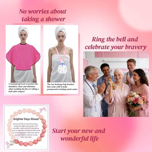Ring the Bell Breast Cancer Survivor Gifts – End of Chemo Breast Cancer Bell Set|Includes waterproof shower cover for after breast surgery|A Gift After Breast Removal Surgery - color: Pink-Breast Cancer Theme Set