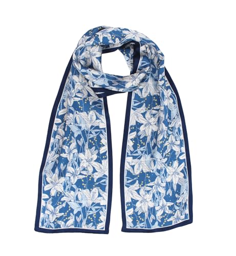100% Silk Scarf for Women 59”*6.3” Long Shawls for Headscarf and Neck- Oblong Hair Wraps with Gift Packed - color: Blue&white Lilies