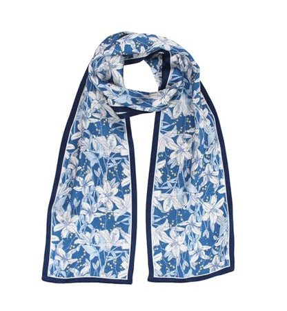 100% Silk Scarf for Women 59”*6.3” Long Shawls for Headscarf and Neck- Oblong Hair Wraps with Gift Packed - color: Blue&white Lilies