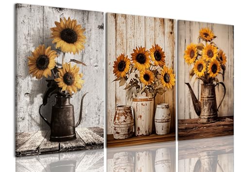 AOYUSMO 3 Piece Sunflower Wall Art Rustic Vintage Floral Canvas Wall Art Flower in Pitcher Pictures Wall Decor Farmhouse Art Prints for Kitchen Living Room Bedroom 16"x24" Framed - color: Potted Chrysanthemum, size: 16x24in