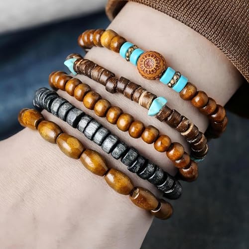 Puka Shell Bracelet for Men Wooden Bracelets Turquoise Stack Beaded Minimalist Trendy Jewelry for Friend Gift - style: 5pcs-Blue Brown