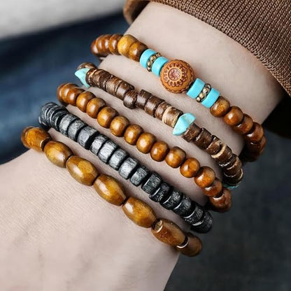 Puka Shell Bracelet for Men Wooden Bracelets Turquoise Stack Beaded Minimalist Trendy Jewelry for Friend Gift - style: 5pcs-Blue Brown