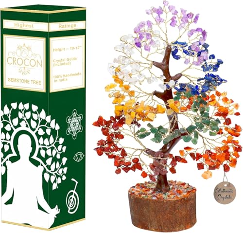 Crocon® 7 Chakra Crystal Tree of Life, Healing Crystals Tree 10-12 Inch, Birthday Gift for Women, Feng Shui, Money Trees, Positive Energy, Good Luck, Home Office Decor, Spiritual Gifts for Women - color: 001 Seven Chakra (Golden Wire)
