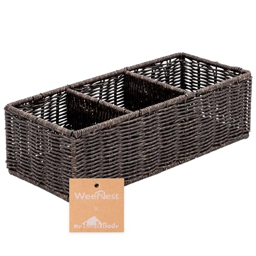 myHomeBody Wicker Basket With 3 Compartments, For Toilet Tank Paper Rolls, Hand Woven Bathroom Countertop Organizer, Bedroom Organization, 1pc, Rustic Brown - color: Rustic Brown