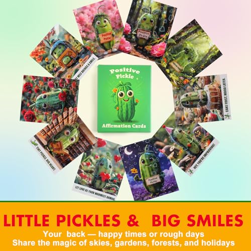 Mindfulness Positive Pickle Affirmation Cards – Daily Self Care for Stress & Anxiety Relief, Emotional Regulation & Mindful Living, Double-Sided Holographic Heart Design, Unique Gift for Women & Teens