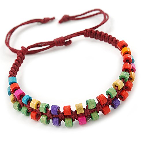 Avalaya Multicoloured Wood Bead Friendship Bracelet With Dark Red Cord - Adjustable