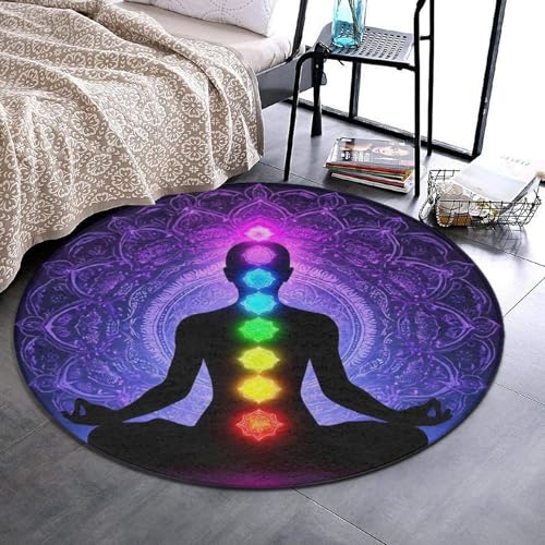 Modern Round Area Rug, Non-Slip Machine Washable Kitchen Office Circle Rug, Room Sofa Yoga Soft Round Carpet Compatible with Seven Chakra Yoga Meditation Lotus Purple Mandala 24inch(60cm) - color: Color700, size: 24inch(60cm)