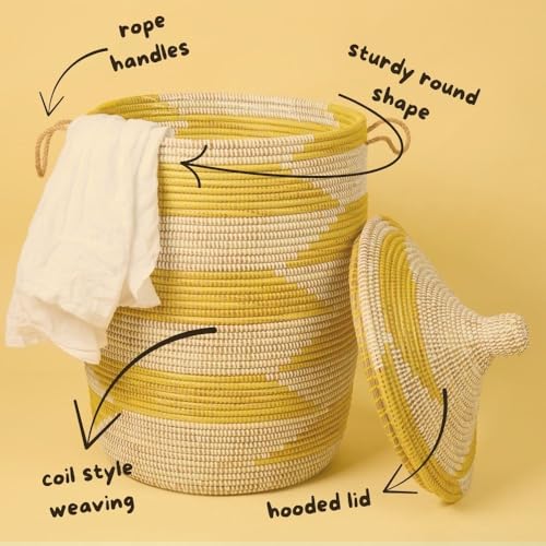 Small Yellow Basket - Organize Bedroom, Living Room, Nursery - Laundry Hamper, Toy Bin, Blanket Storage, Towels Holder - Decorative, Boho Style - Wicker, Woven, Lid, Handles - size: Small