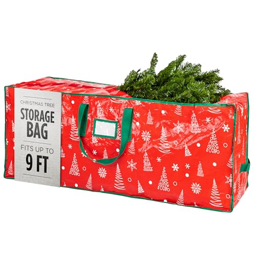 Christmas Tree Storage Bag - Stores 9 Foot Artificial Xmas Holiday Tree, Durable Waterproof Material, Zippered Bag, Carry Handles - Protects Against Dust, Insects and Moisture (Red Printed) - color: Red Pattern, size: 9 ft.