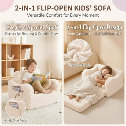 MOMCAYWEX Kids Sofa, 2-in-1 Flip-Out Foam Couch with Soft Sherpa Cover, Cozy Play Lounge Chair, Cream - color: Cream, size: Medium