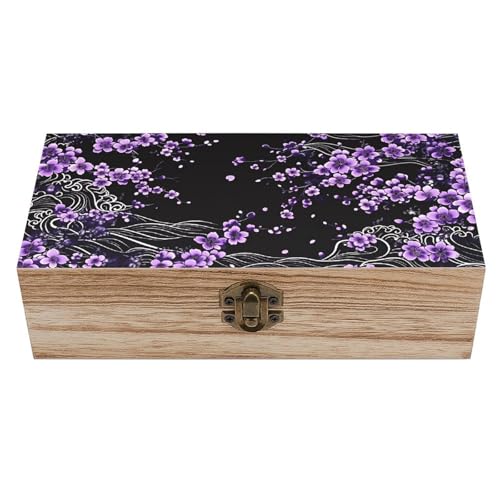Cherry Blossom Japanese Vintage Wooden Storage Box with Hinged Lid – Rustic Natural Wood Keepsake Box for Jewelry, Trinkets, And Photos – Decorative Small Chest Organizer (7.9" X 3.9" X 2.3") - color: black-2