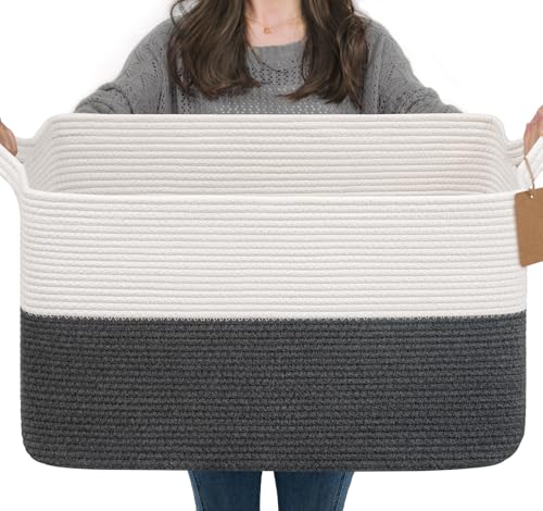Goodpick Woven Storage Baskets for Organizing 22”x17”x12” Large Blanket Basket for Living Room Bedroom, Rectangle Toy Baskets Storage Kids with Handles, Dark Gray - color: Dark Gray, size: 22"L x 17"W x 12"H
