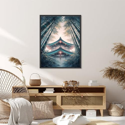Framed Zen Bamboo Temple Poster Canvas Print Art Rustic Minimalist Aesthetic Wall Art Painting Pictures Wall Decor Exquisite Home Decor for Living Room Bedroom Office (Black,12"x16"inch)