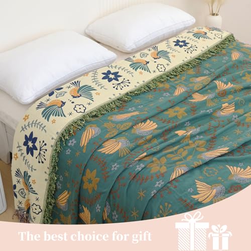 Boho Throw Blanket for Bed, 100% Pure Cotton Ultra Soft Rustic Quilt, Farmhouse Decor Bed Blankets, All Season Rustic Throw for Sofa Couch Chair(80''x 90'', Bird A)