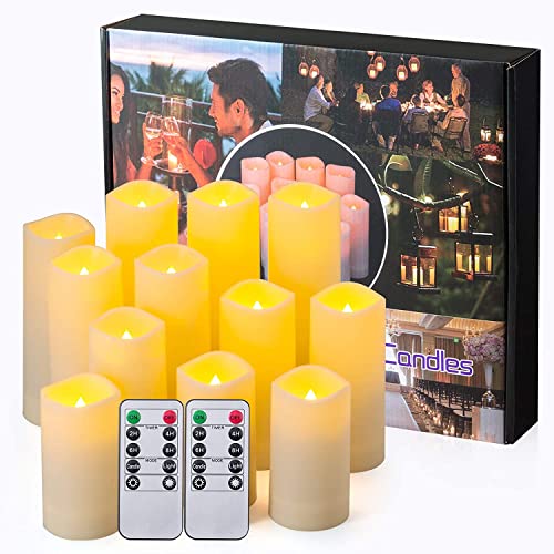 YOROXRG 12 Pack Flameless Candles Battery Operated Waterproof Led Candles (D:2.2" X H:4" 5" 6" 7") Candles with 2 Remotes Contro for Wedding, Party, Birthday - color: 12Pack-Iovry