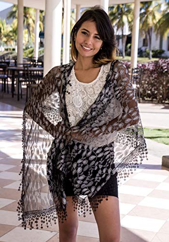 Cindy and Wendy Lightweight Soft Leaf Lace Fringes Scarf Bridal Veils shawl for Women - color: Black Grey
