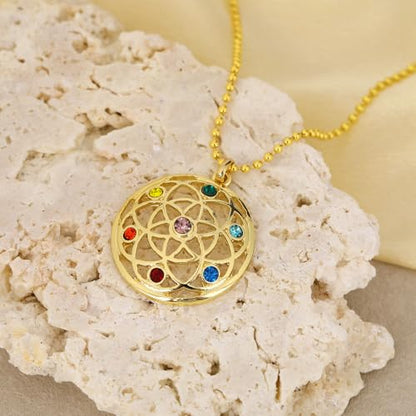 Flower of Life Necklace: 18K Gold Plated Sacred Geometry Buddhist Chakra Mandala with Diamond Pendant Necklaces Yoga Spiritual Amulet Jewelry Meditation Gift for Women Men - color: gold