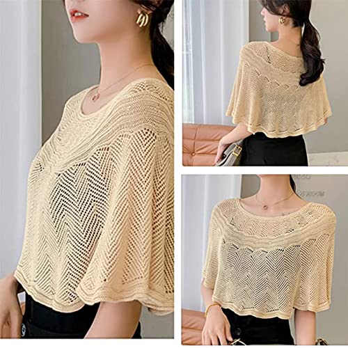 Knitted Sun-Proof Ice Silk Shawl, Summer Knitted Hollow-Out Poncho Cape Shawl, Knit Shawl Wrap for Women - color: Beige
