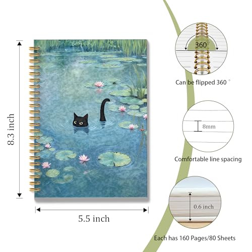ROXMART Funny Black Cat in Water Lily Pond Spiral Notebook Journal, Cat Lover Mom Lady Gifts for Women, Whimsical Cute Black Kitty Kitten Hardcover Notebook Journal, 5.5x8.3 Inch - color: Style04